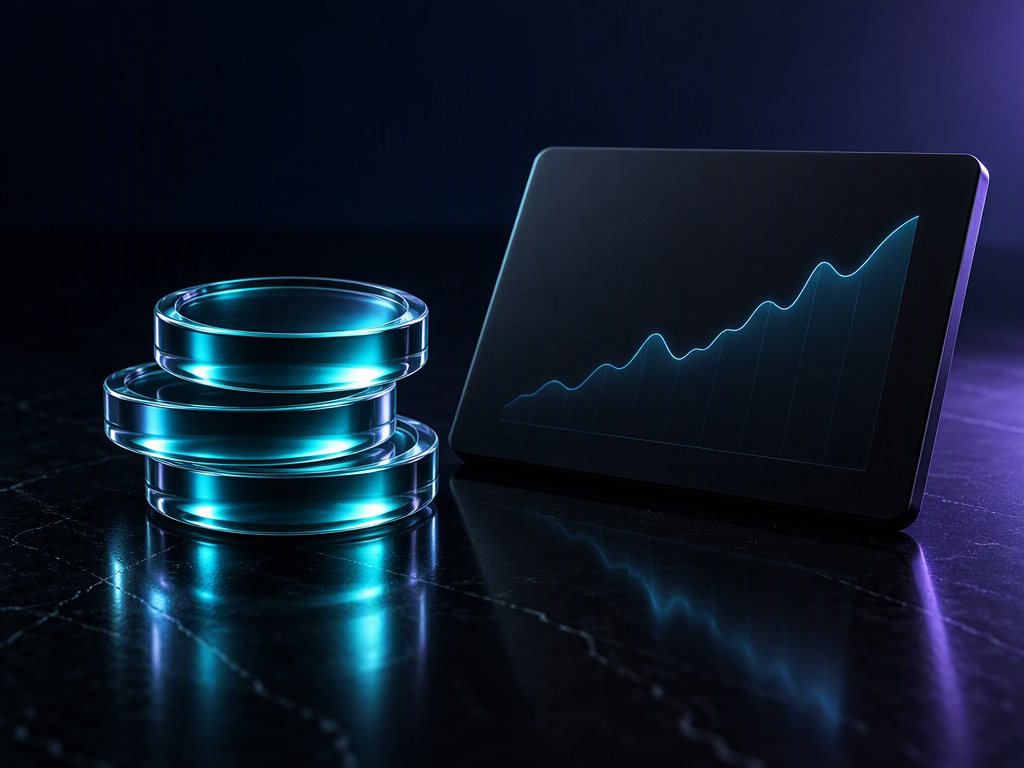 Luminous tokens stacked beside a dark glass ledger