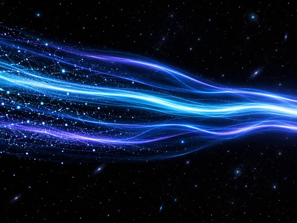 Streams of cyan and indigo light travelling across deep space