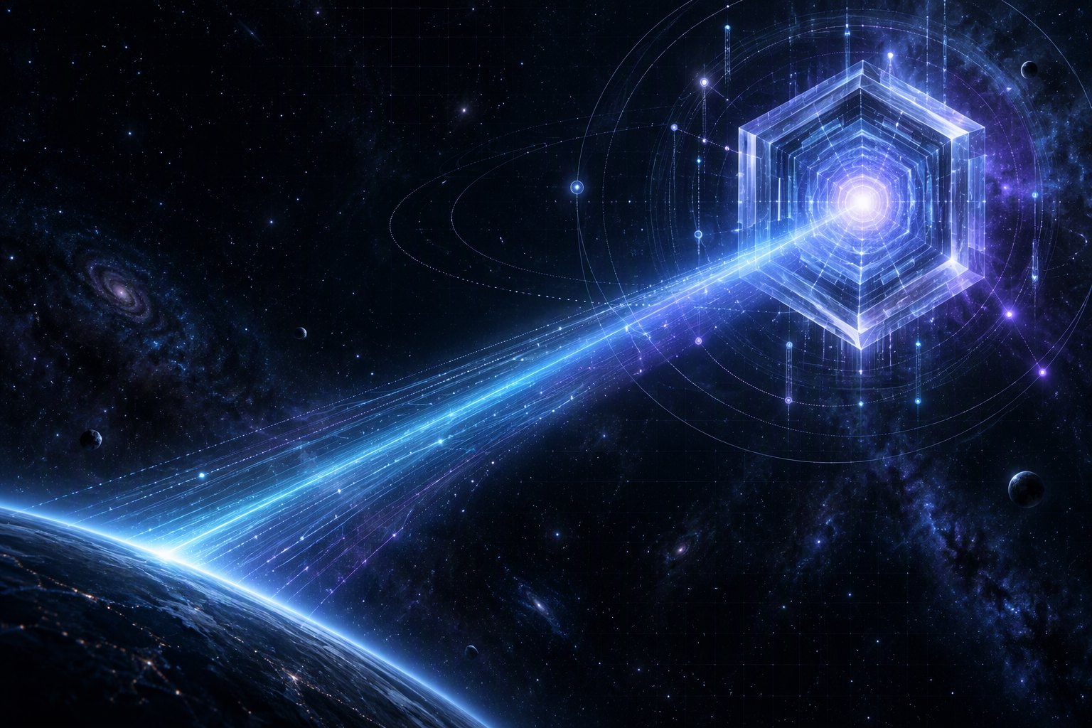 A beam of cyan light crossing a dark star field toward a glowing gateway